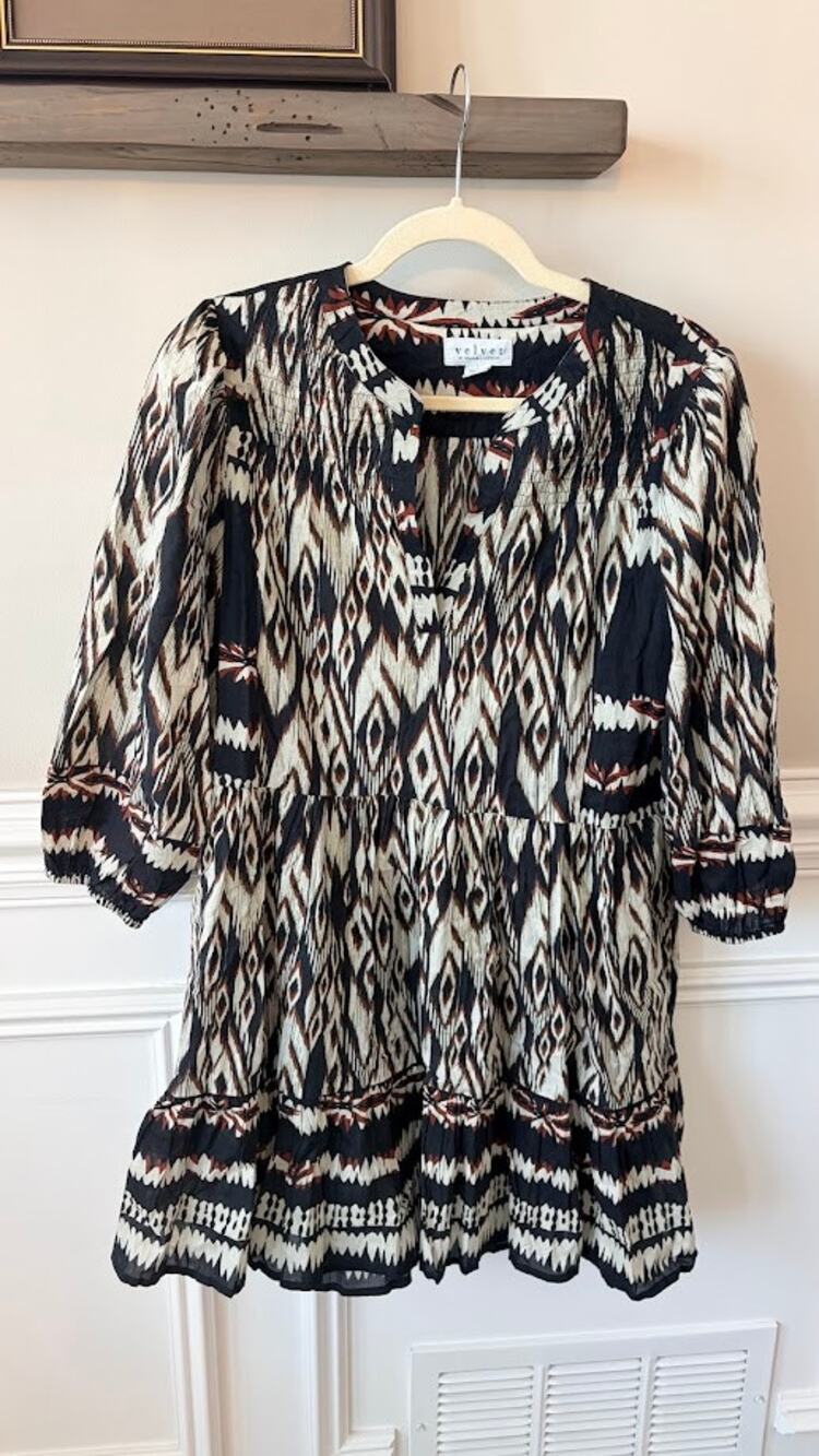 Velvet by Graham & Spencer Black Brown SMALL Boho Ikat Dress Evereve NWOT